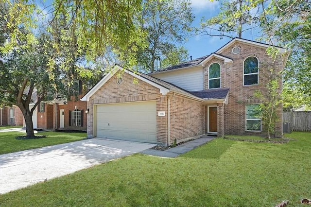 traditional home featuring a garage, brick siding, fence, driveway, and a front yard