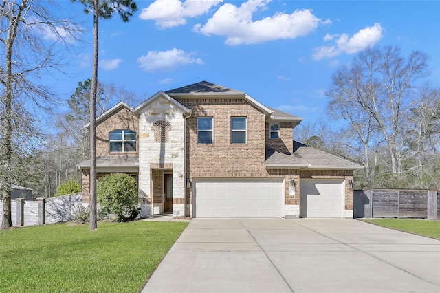 view of front of home with a shingled roof, fence, a front lawn, and brick siding