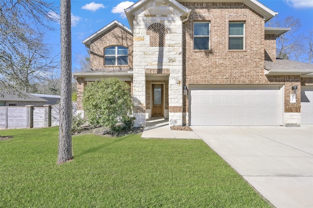 view of front facade featuring stone siding, brick siding, a front lawn, and concrete driveway