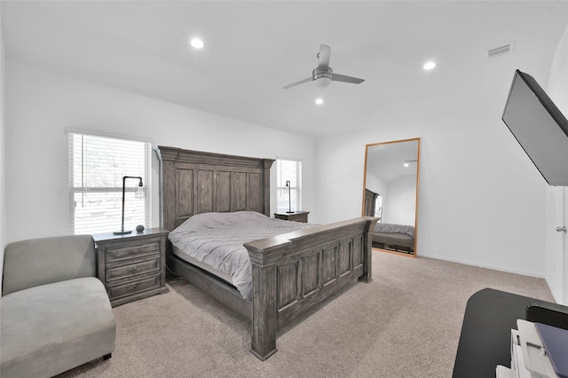 bedroom featuring ceiling fan, recessed lighting, light colored carpet, visible vents, and baseboards