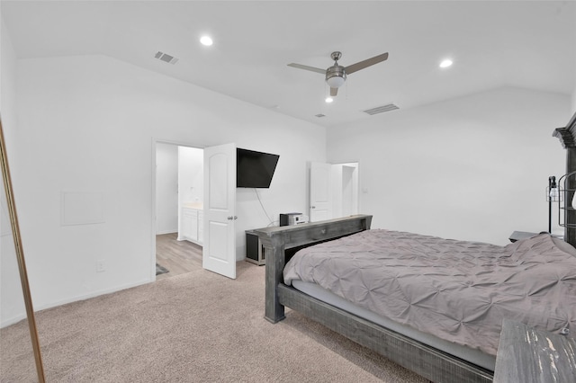 carpeted bedroom featuring vaulted ceiling, visible vents, and recessed lighting