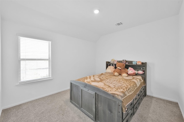 bedroom featuring lofted ceiling, recessed lighting, light colored carpet, visible vents, and baseboards