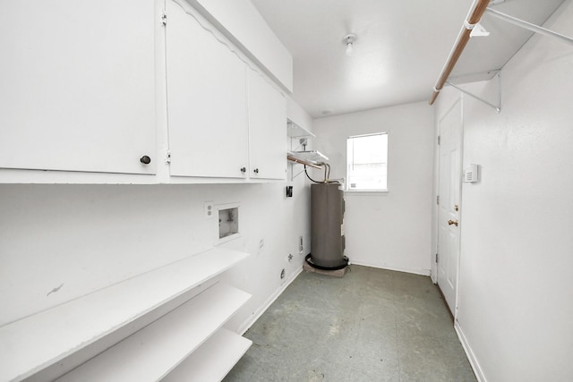 laundry room featuring hookup for a washing machine, water heater, cabinet space, light floors, and electric dryer hookup