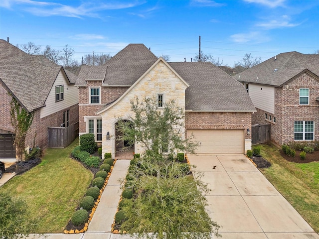 view of front of home featuring brick siding, roof with shingles, and a front yard