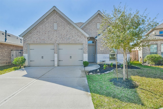 view of front facade with a garage, concrete driveway, fence, a front lawn, and brick siding