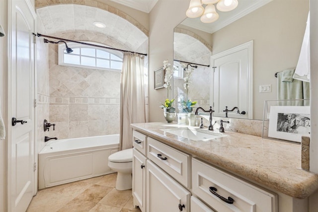 bathroom featuring toilet, crown molding, shower / bath combination with curtain, and vanity