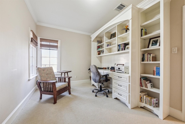 office space featuring ornamental molding, visible vents, light carpet, and baseboards