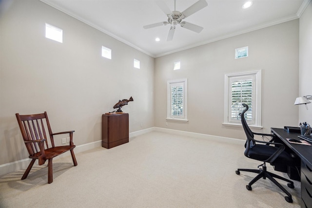 office area with ceiling fan, recessed lighting, light carpet, baseboards, and crown molding