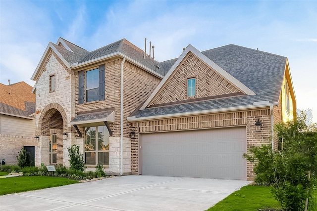 view of front of house with stone siding, roof with shingles, concrete driveway, an attached garage, and brick siding