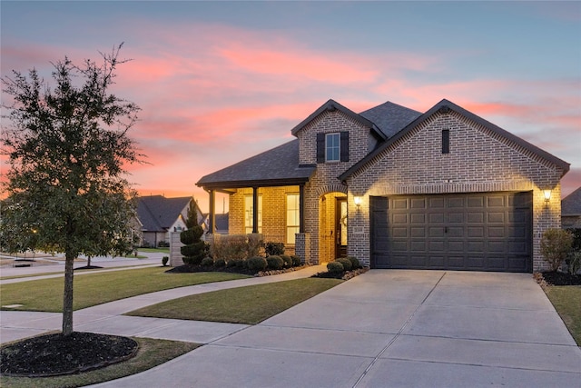 view of front of property with an attached garage, brick siding, a shingled roof, driveway, and a front yard