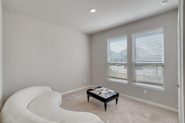 sitting room featuring carpet and baseboards