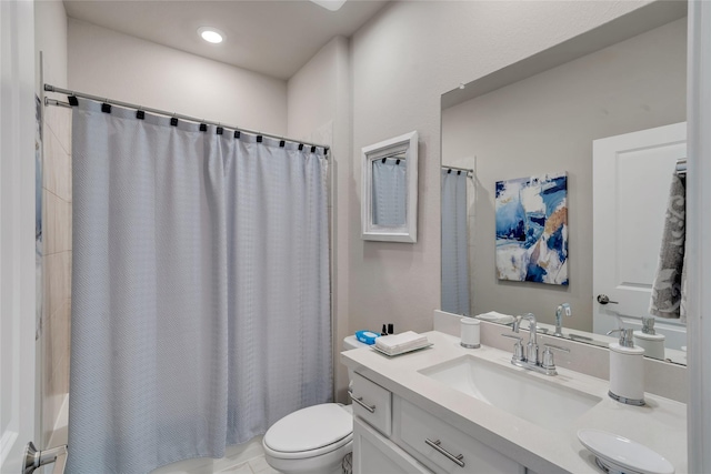 full bath featuring toilet, shower / tub combo, and vanity