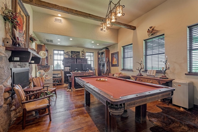 game room with wood-type flooring, a fireplace, visible vents, and recessed lighting