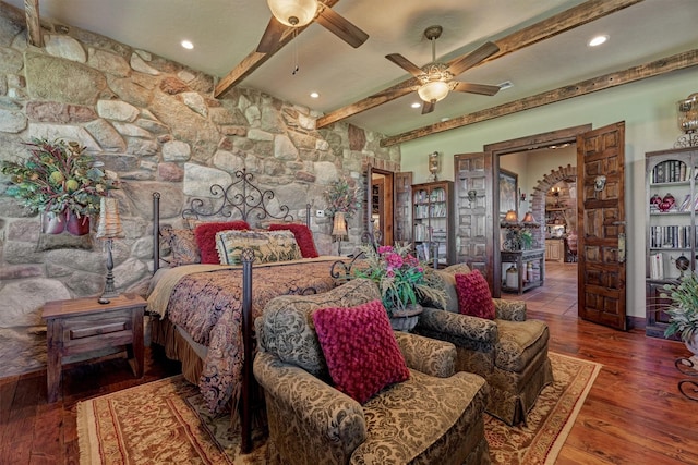 bedroom featuring a ceiling fan, recessed lighting, beamed ceiling, and hardwood / wood-style floors