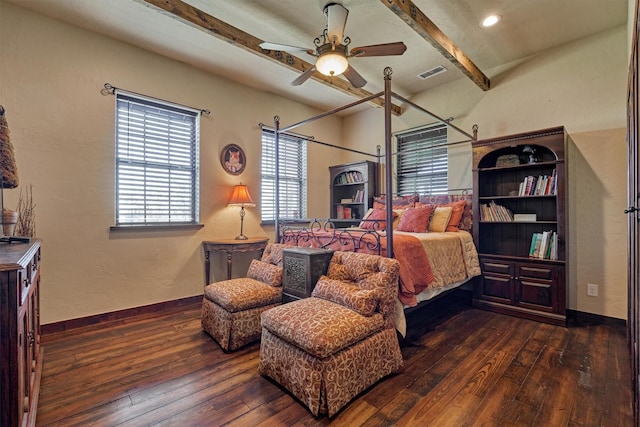 bedroom featuring dark wood-style floors, beam ceiling, visible vents, and baseboards