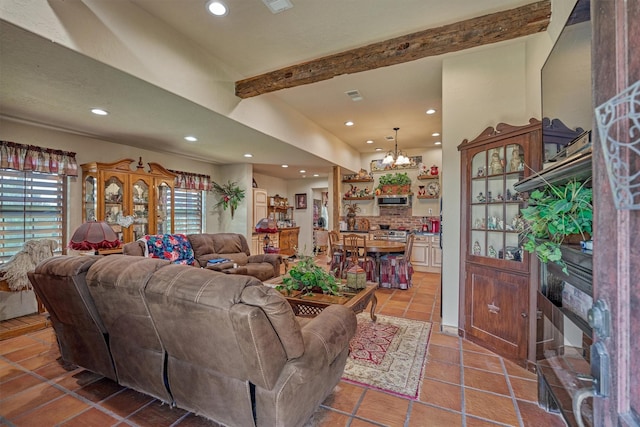 living room with light tile patterned floors, a chandelier, beam ceiling, and recessed lighting