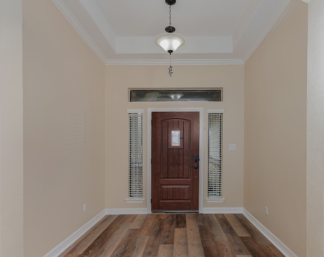 entryway with dark wood-style flooring, a raised ceiling, and baseboards