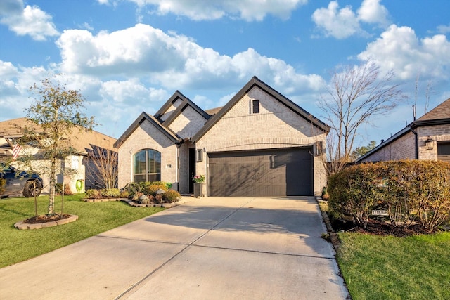 french provincial home with an attached garage, brick siding, concrete driveway, and a front yard