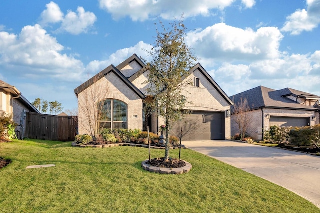 french provincial home featuring a garage, a front yard, concrete driveway, and brick siding