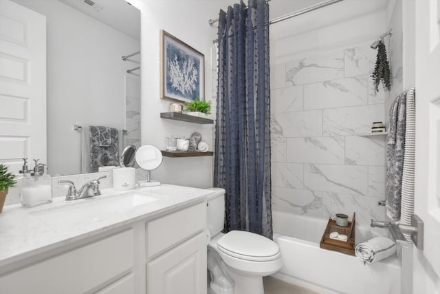 full bath with toilet, shower / bath combo, visible vents, and vanity