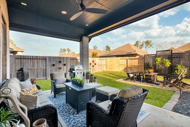 view of patio / terrace featuring ceiling fan, outdoor lounge area, a fenced backyard, and grilling area