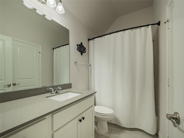 bathroom with toilet, a shower with shower curtain, lofted ceiling, tile patterned floors, and vanity