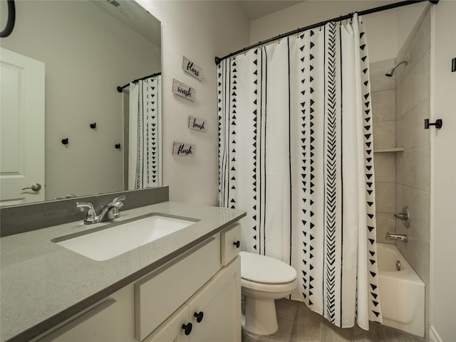 full bathroom featuring shower / bathtub combination with curtain, toilet, vanity, and tile patterned flooring