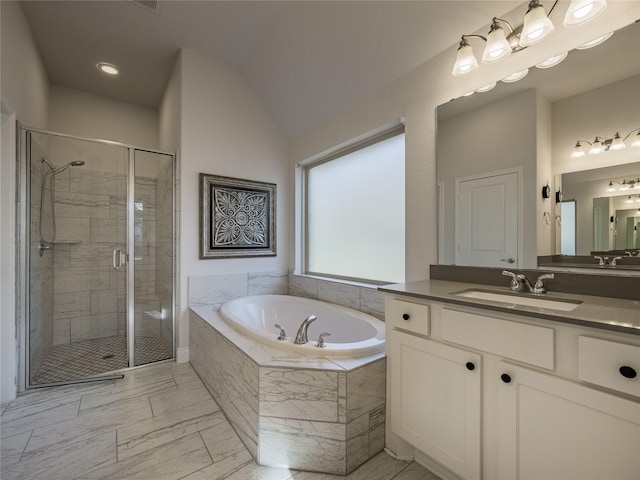 full bath with marble finish floor, a stall shower, lofted ceiling, a bath, and vanity