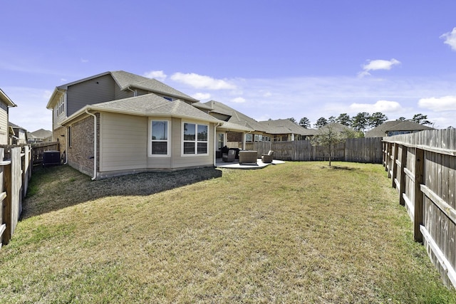 back of house with a yard, outdoor lounge area, central AC unit, a patio area, and a fenced backyard