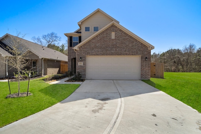 traditional-style house featuring concrete driveway, an attached garage, fence, a front lawn, and brick siding