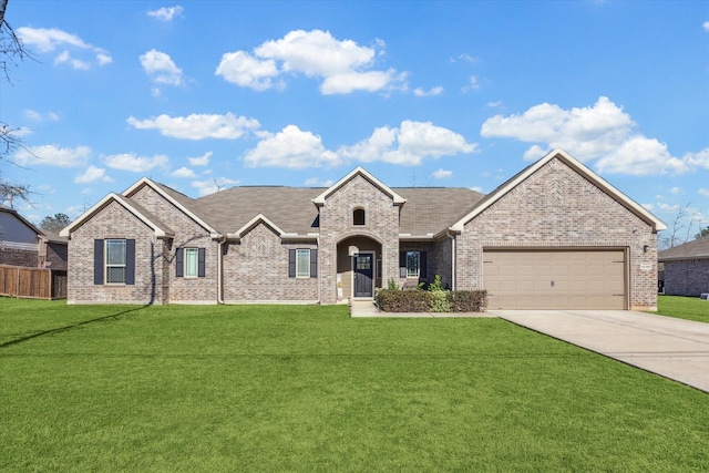 view of front of house with concrete driveway, an attached garage, fence, a front lawn, and brick siding