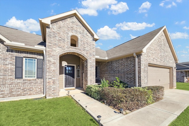 french country home featuring a garage, brick siding, driveway, roof with shingles, and a front yard