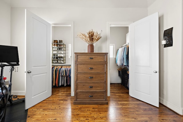 interior space with dark wood-type flooring