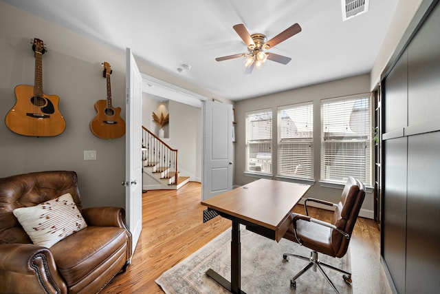 office space featuring light wood-style floors, visible vents, and a ceiling fan