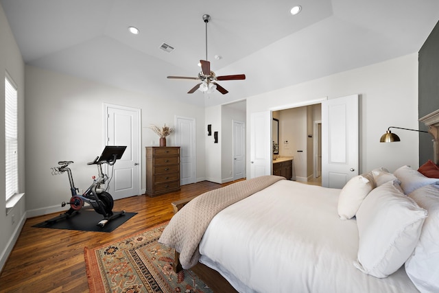 bedroom featuring recessed lighting, visible vents, vaulted ceiling, and wood finished floors