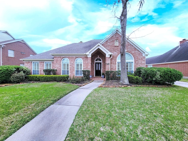 view of front of house featuring brick siding, a shingled roof, and a front lawn