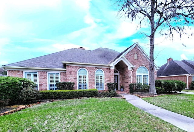 view of front of home featuring a shingled roof, a front lawn, and brick siding