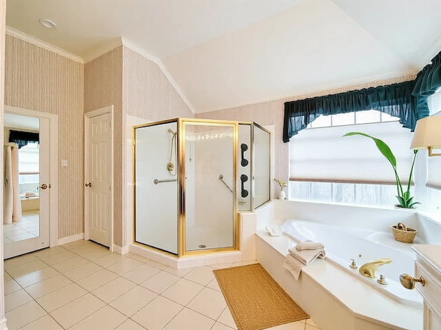 full bath featuring crown molding, tile patterned floors, wallpapered walls, a garden tub, and a stall shower