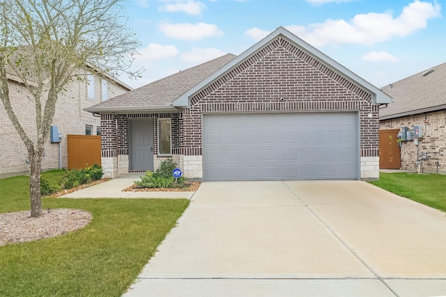 ranch-style home with a garage, brick siding, driveway, stone siding, and roof with shingles