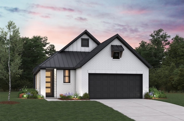 modern inspired farmhouse featuring board and batten siding, brick siding, driveway, and a front lawn