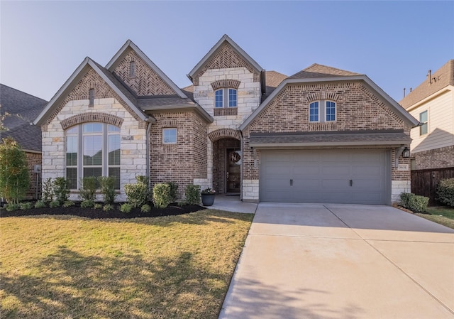 french provincial home with brick siding, concrete driveway, a front yard, a garage, and stone siding