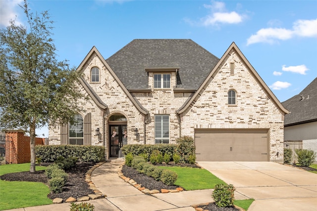 french provincial home with an attached garage, concrete driveway, brick siding, and a shingled roof