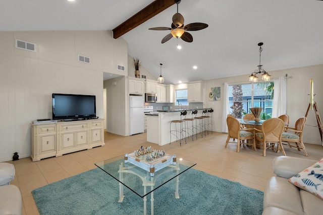 living room with high vaulted ceiling, ceiling fan, visible vents, and beam ceiling