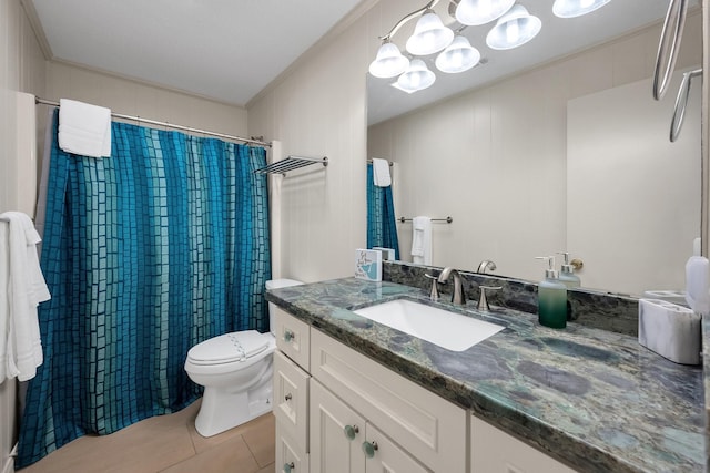 bathroom featuring a shower with shower curtain, toilet, tile patterned flooring, crown molding, and vanity