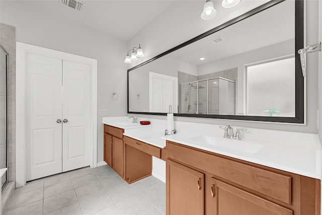 bathroom featuring double vanity, visible vents, a shower with door, tile patterned flooring, and a sink