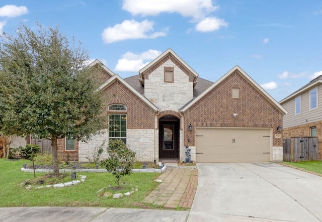 view of front facade featuring stone siding, fence, concrete driveway, and brick siding