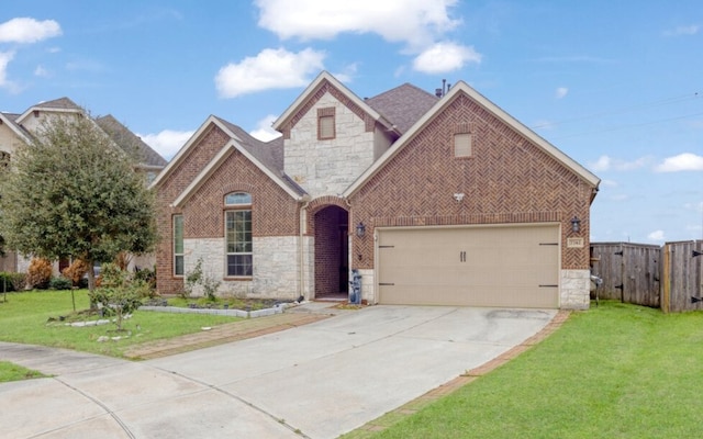 view of front of home with stone siding, brick siding, a front yard, and driveway