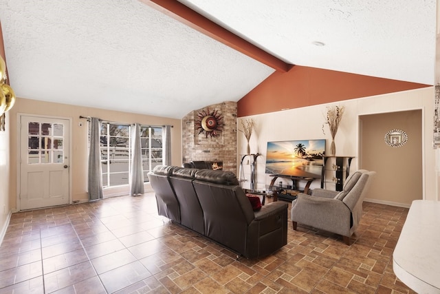 living room featuring a large fireplace, lofted ceiling with beams, a textured ceiling, and baseboards