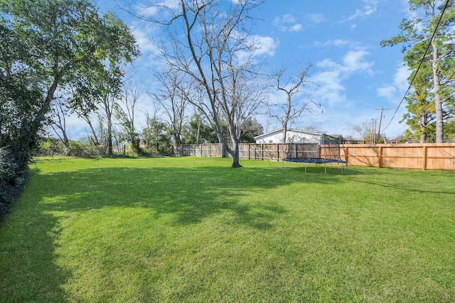 view of yard with a fenced backyard and a trampoline