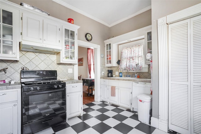 kitchen with black range with gas cooktop, dark floors, under cabinet range hood, light countertops, and dishwasher